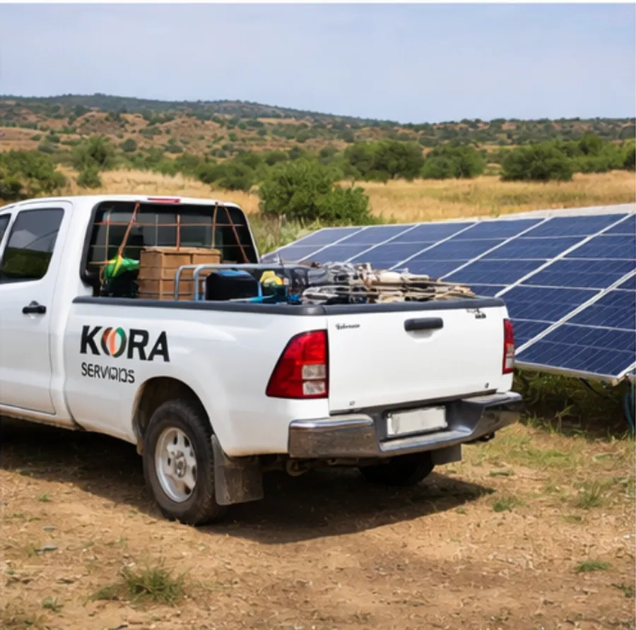 Vehículo de KORA Servicios junto a una instalación fotovoltaica
